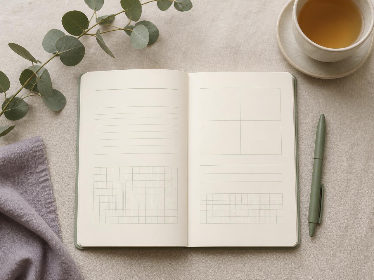 Een opengeslagen werkboek met invulpagina's, een pen en een kopje thee